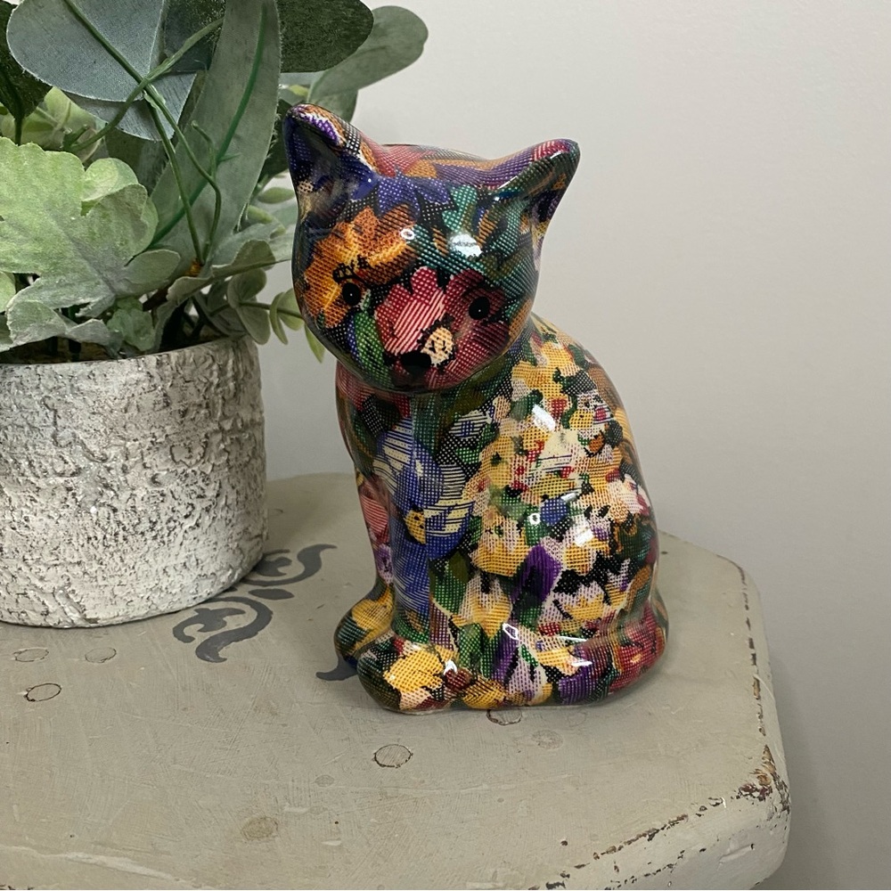 Vintage Floral Decoupage Cat Cottagecore Patchwork Figurine